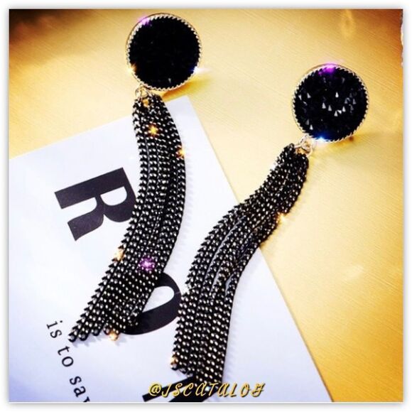 12mm Black Druzy on Gold Plated Long Tassel Earrings - Picture 4 of 5